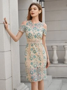 Cold Shoulder Floral Lace Dress - Multicolor - View 1