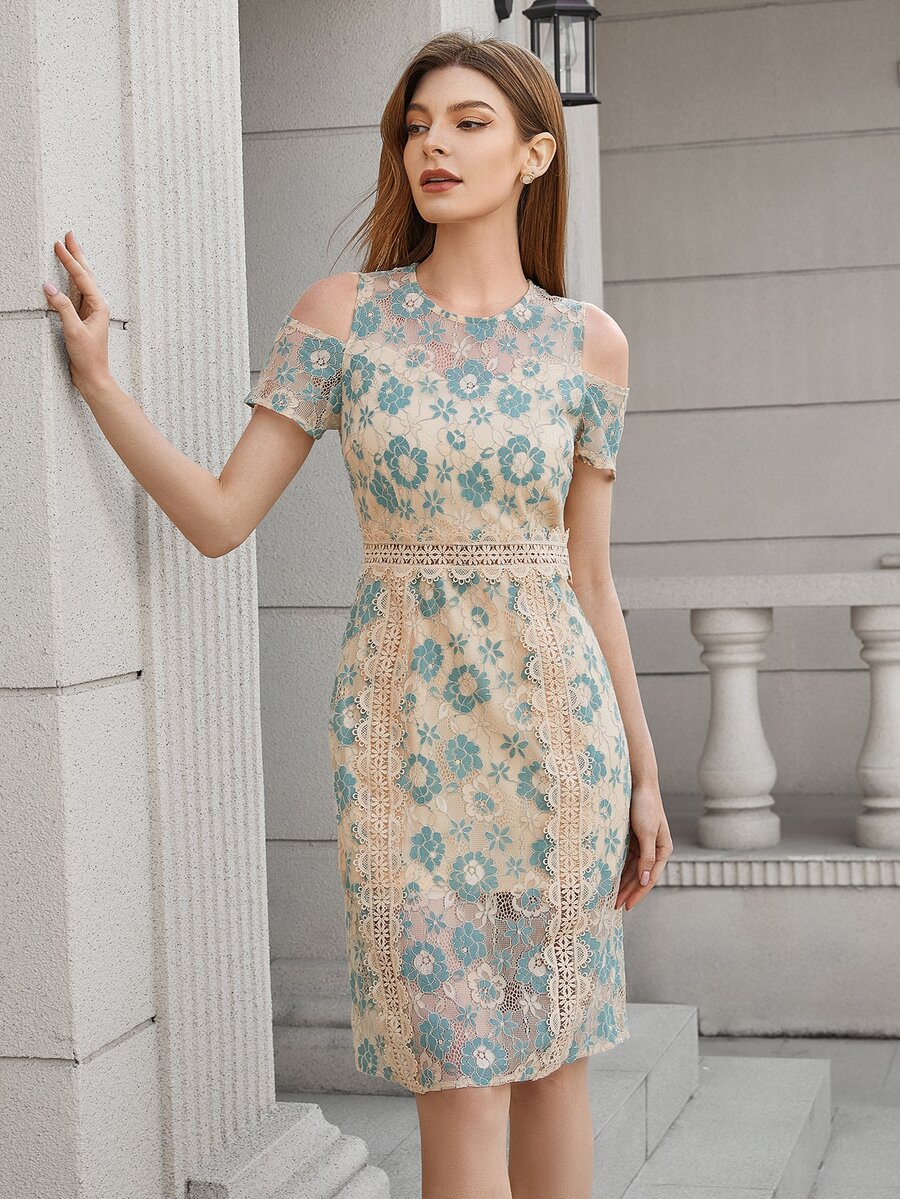 Cold Shoulder Floral Lace Dress - Multicolor - View 1