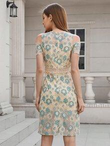 Cold Shoulder Floral Lace Dress - Multicolor - View 2