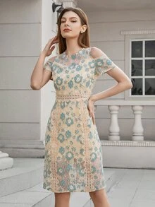 Cold Shoulder Floral Lace Dress - Multicolor - View 3