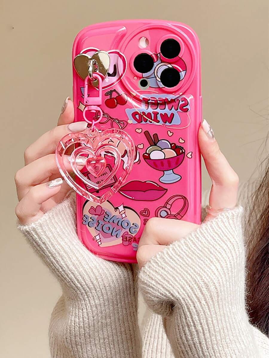 Vỏ điện thoại đồ họa miệng & chữ cái có dây buộc - Hồng - Xem 1