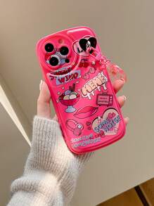 Vỏ điện thoại đồ họa miệng & chữ cái có dây buộc - Hồng - Xem 2