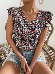 SHEIN Frenchy Áo sơ mi nữ Tương phản ren Xù Buộc lại Họa tiết hoa Boho - Nhiều màu - Xem 2