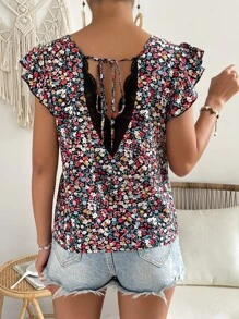 SHEIN Frenchy Áo sơ mi nữ Tương phản ren Xù Buộc lại Họa tiết hoa Boho - Nhiều màu - Xem 3