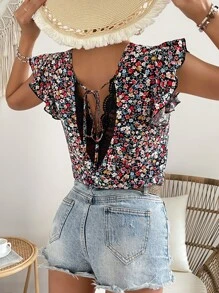 SHEIN Frenchy Áo sơ mi nữ Tương phản ren Xù Buộc lại Họa tiết hoa Boho - Nhiều màu - Xem 4