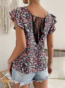SHEIN Frenchy Áo sơ mi nữ Tương phản ren Xù Buộc lại Họa tiết hoa Boho - Nhiều màu - Xem 5