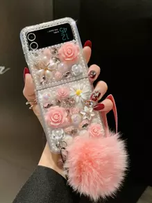 Funda para teléfono con rosas de Rhinestone 3D compatible con teléfonos plegables compatible con Samsung, rosa 3D con decoración floral de diamantes de imitación + cadena colgante desmontable de pompón, funda protectora de estilo de hada - Rosa - Ver 1
