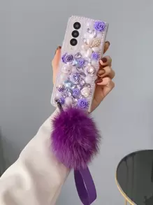 Rose & Rhinestone Decorated Fur Ball Pendant Phone Protective Case - Purple - View 1