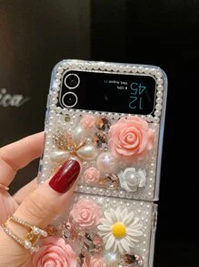 Funda para teléfono con rosas de Rhinestone 3D compatible con teléfonos plegables compatible con Samsung, rosa 3D con decoración floral de diamantes de imitación + cadena colgante desmontable de pompón, funda protectora de estilo de hada - Rosa - Ver 2