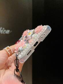 Funda para teléfono con rosas de Rhinestone 3D compatible con teléfonos plegables compatible con Samsung, rosa 3D con decoración floral de diamantes de imitación + cadena colgante desmontable de pompón, funda protectora de estilo de hada - Rosa - Ver 3