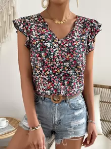 SHEIN Frenchy Áo sơ mi nữ Tương phản ren Xù Buộc lại Họa tiết hoa Boho - Nhiều màu - Xem 7