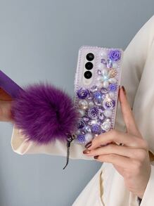 Rose & Rhinestone Decorated Fur Ball Pendant Phone Protective Case - Purple - View 4