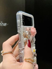Funda para teléfono con rosas de Rhinestone 3D compatible con teléfonos plegables compatible con Samsung, rosa 3D con decoración floral de diamantes de imitación + cadena colgante desmontable de pompón, funda protectora de estilo de hada - Rosa - Ver 4