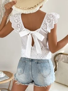 SHEIN Frenchy Áo sơ mi nữ Xù Buộc lại Tranh thêu màu trơn Boho - trắng - Xem 1
