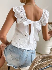 SHEIN Frenchy Áo sơ mi nữ Xù Buộc lại Tranh thêu màu trơn Boho - trắng - Xem 7