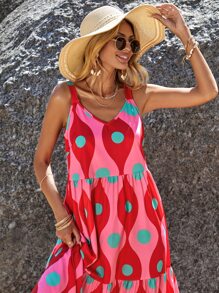 Breezaya Vestido de tirantes con estampado bajo con fruncido