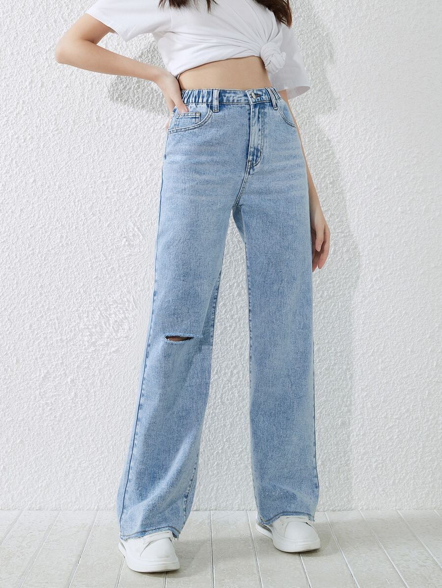 SHEIN Chicas adolescentes Jeans desgarro de pierna ancha - Lavado ligero - Ver 1