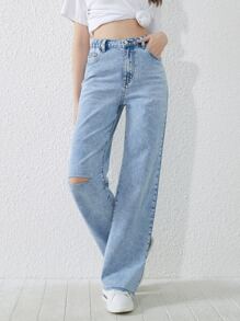 SHEIN Chicas adolescentes Jeans desgarro de pierna ancha - Lavado ligero - Ver 3