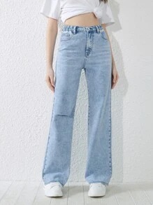 SHEIN Chicas adolescentes Jeans desgarro de pierna ancha - Lavado ligero - Ver 4