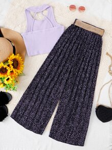 女孩掛脖上衣和滿版印花腰帶闊腿褲 - 彩色 - 查看 2