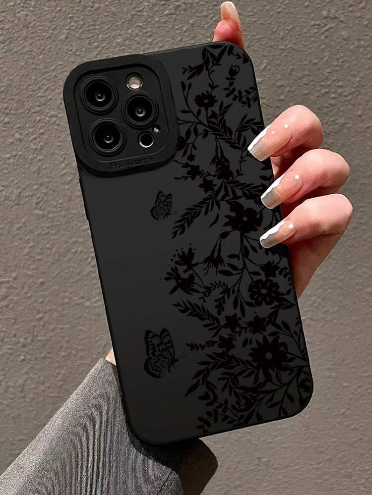Black Floral Phone Case With Butterfly Patterns Floral Pattern Phone Case Compatible With IPhone 15/15Pro/15Plus/15Promax Waterproof Shockproof Anti-Fall Scratch Resistant Spring Gift,International Version, Not The Domestic Version
