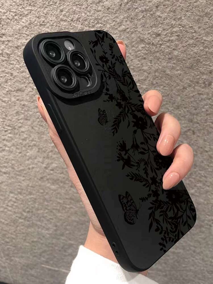 Black Floral Phone Case With Butterfly Patterns Floral Pattern Phone Case Compatible With IPhone 15/15Pro/15Plus/15Promax Waterproof Shockproof Anti-Fall Scratch Resistant Spring Gift,International Version, Not The Domestic Version