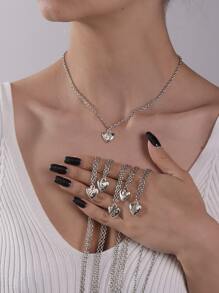 1入組時尚鋅合金字母和心形墜飾項鍊適用於女士日常裝飾 - 銀色 - 查看 1