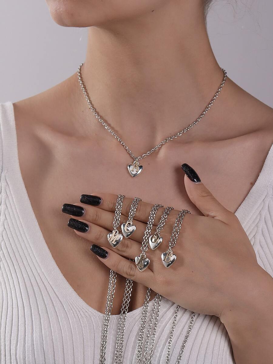 1入組時尚鋅合金字母和心形墜飾項鍊適用於女士日常裝飾 - 銀色 - 查看 1