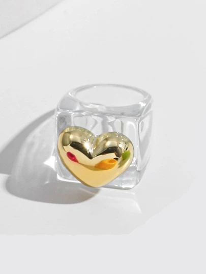 1pc Fashion Polyresin Heart Decor Clear Ring For Women For Daily Decoration Valentines