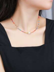 Faux Pearl Decor Beaded Necklace - Multicolor - View 1