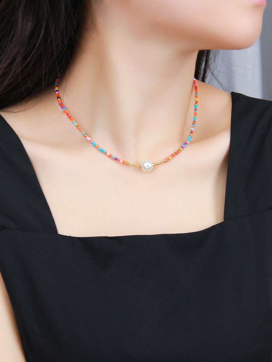 Faux Pearl Decor Beaded Necklace - Multicolor - View 1