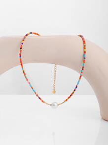 Faux Pearl Decor Beaded Necklace - Multicolor - View 2