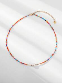 Faux Pearl Decor Beaded Necklace - Multicolor - View 4