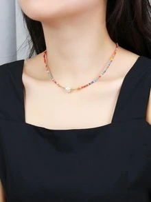 Faux Pearl Decor Beaded Necklace - Multicolor - View 6