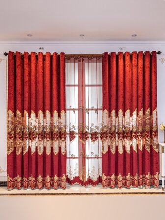1pc Luxurious Wine Red Peony Flower Embroidered Chenille Curtains With European Style, Suitable For Living Room And Bedroom Decor