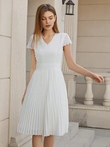 Vestido con encaje en contraste bajo fruncido - Blanco - Ver 3