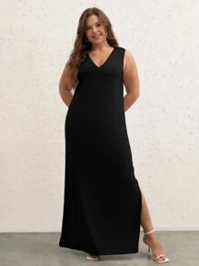 SHEIN BASICS Đầm Plus Size Chia màu trơn Giải trí - màu đen - Xem 1