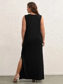 SHEIN BASICS Đầm Plus Size Chia màu trơn Giải trí - màu đen - Xem 2