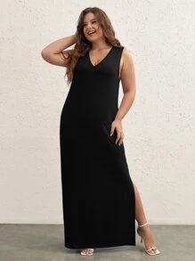 SHEIN BASICS Đầm Plus Size Chia màu trơn Giải trí - màu đen - Xem 4