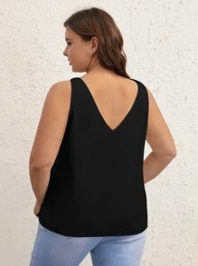 SHEIN BASICS Plus  Solid V Neck Tank Top - Black - View 2