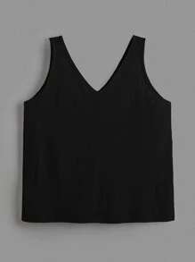 SHEIN BASICS Plus  Solid V Neck Tank Top - Black - View 3