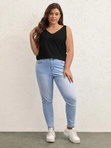 SHEIN BASICS Plus  Solid V Neck Tank Top - Black - View 4