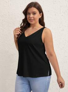SHEIN BASICS Plus  Solid V Neck Tank Top - Black - View 5