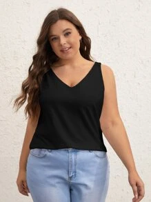SHEIN BASICS Plus  Solid V Neck Tank Top - Black - View 7