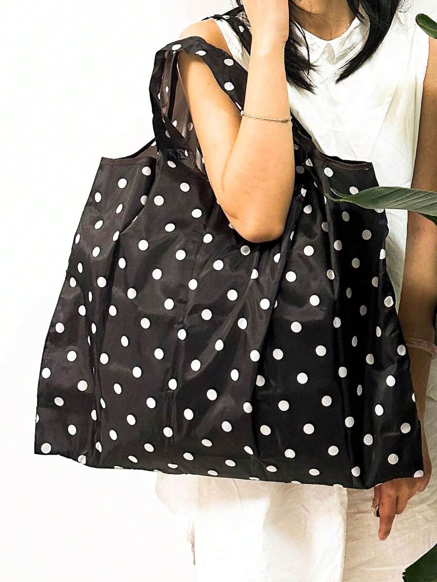 Extra Large Black & White Polka Dot Patterned Foldable Shopping Bag - Black and White - View 1