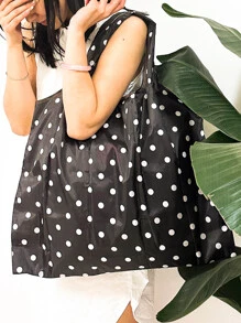 Extra Large Black & White Polka Dot Patterned Foldable Shopping Bag - Black and White - View 2