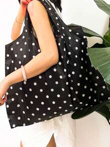 Extra Large Black & White Polka Dot Patterned Foldable Shopping Bag - Black and White - View 3