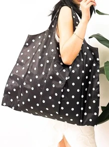 Extra Large Black & White Polka Dot Patterned Foldable Shopping Bag - Black and White - View 4