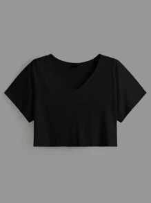 SHEIN BASICS 大碼素色V領短款T恤