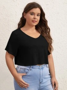 SHEIN BASICS 大碼素色V領短款T恤